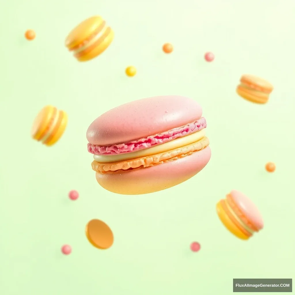 Floating in the air, with a pastel light green background. The macaron colors should be bright pink, yellow, green, turquoise, creating an atmosphere that is both sweet and playful. This design would make for delightful wallpaper or print on items in the style of a playful artist. --ar 2:3 - Image