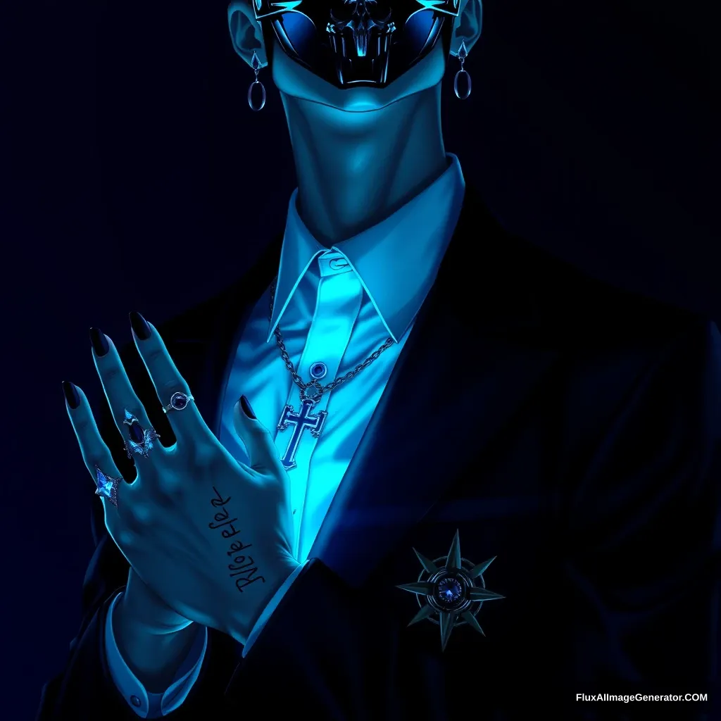 1boy, Highly detailed RAW color Photo, shirt, long sleeves, jewelry, jacket, upper body, earrings, necktie, collared shirt, hand up, necklace, black jacket, gradient, black nail polish, gradient background, tattoo, glowing, formal, ring, suit, cross, mask, skull mask, spikes, black suit, metallic texture, blue theme, blue fire, multiple rings, hand tattoo, simple background, dark blue background, blue theme, gorgeous details, depth perception, backlighting, photorealistic, breathtaking scenery, perfectly rendered reflections, detailed clothing, dark lighting, dof, depth of field, realistic, dark background, CINE, blue embers, low-key, - Image