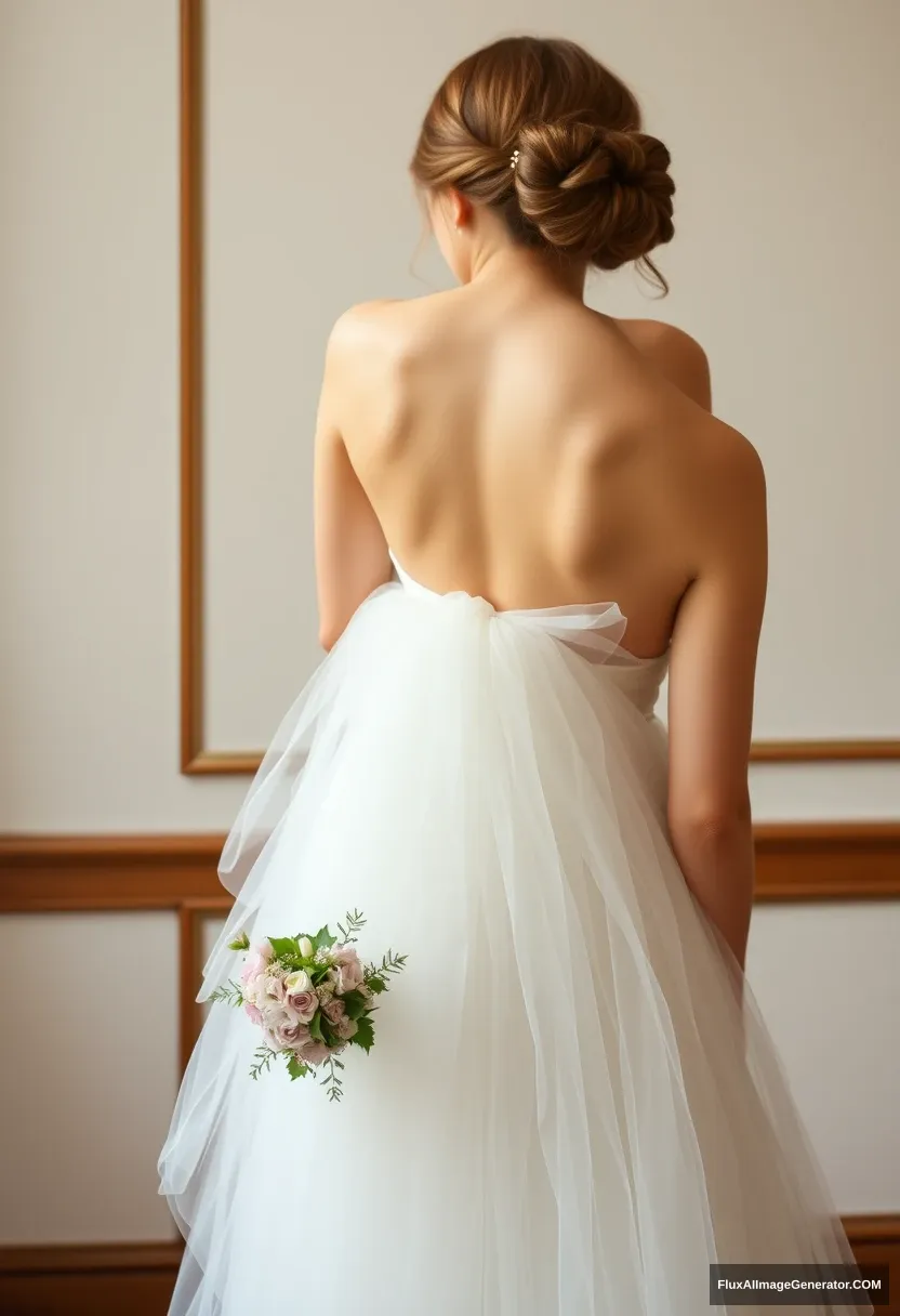 a young woman, sensitive, delicate, ashamed, backless strapless low-waisted airy tutu-inspired wedding dress