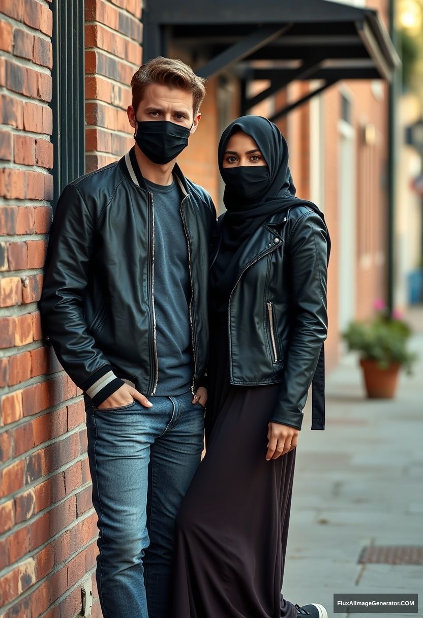 Jamie Dornan, handsome, young, black face mask, collage jacket, jeans, dating a beautiful Muslim girl wearing a black hijab, beautiful eyes, black face mask, black leather jacket, sneakers, wearing the longest skirt, standing and leaning against a brick wall, town, morning scenery, photorealistic, street photography.