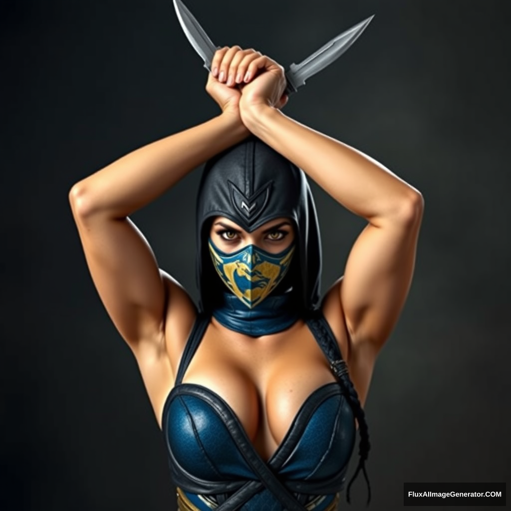 Kitana from Mortal Kombat as a real-life female, thin and toned, arms crossed above her head with knives in her hands, hyper-realistic photo, dramatic. - Image