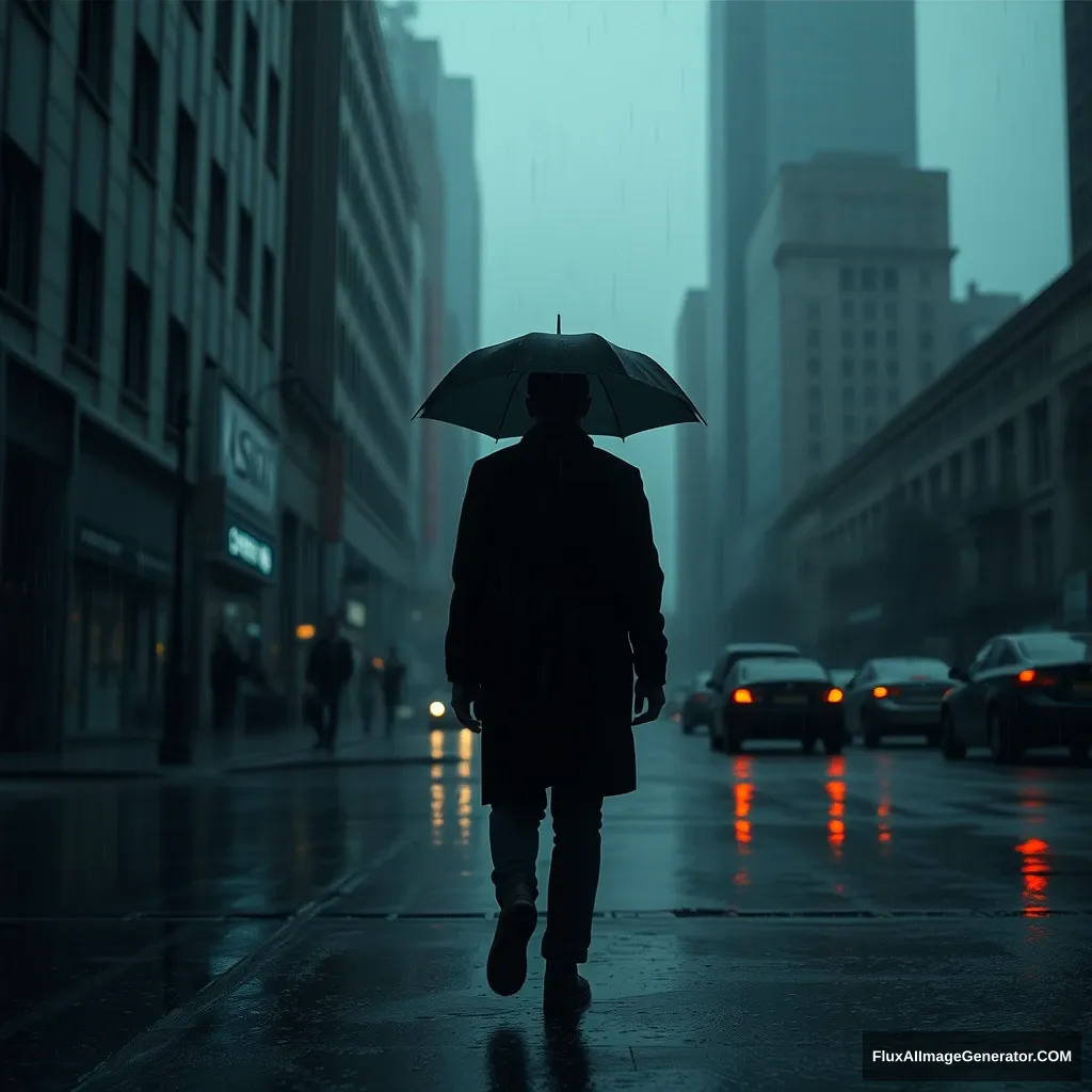 Gloomy atmosphere in a city. A person walking in the rain. Someone watching them eerily from behind.

This prompt structure is concise and clear, making it suitable for various creative applications. It maintains the key elements of the scene:

1. The setting and mood (gloomy city)
2. The main subject (person walking in rain)
3. The element of tension (someone watching eerily)

This format should work well for AI image generation tools or as a writing prompt. It provides enough detail to set the scene while leaving room for interpretation and creativity. - Image