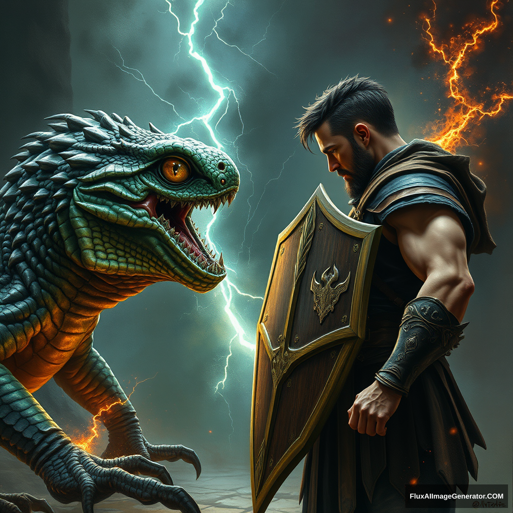 "The moment of confrontation, the Basilisk meeting its own gaze in the polished shield, its eyes wide with shock as its deadly power is reflected back, the air crackling with dark energy, the warrior standing firm, sweat glistening on his brow, the ground beneath them vibrating with the clash of magic."