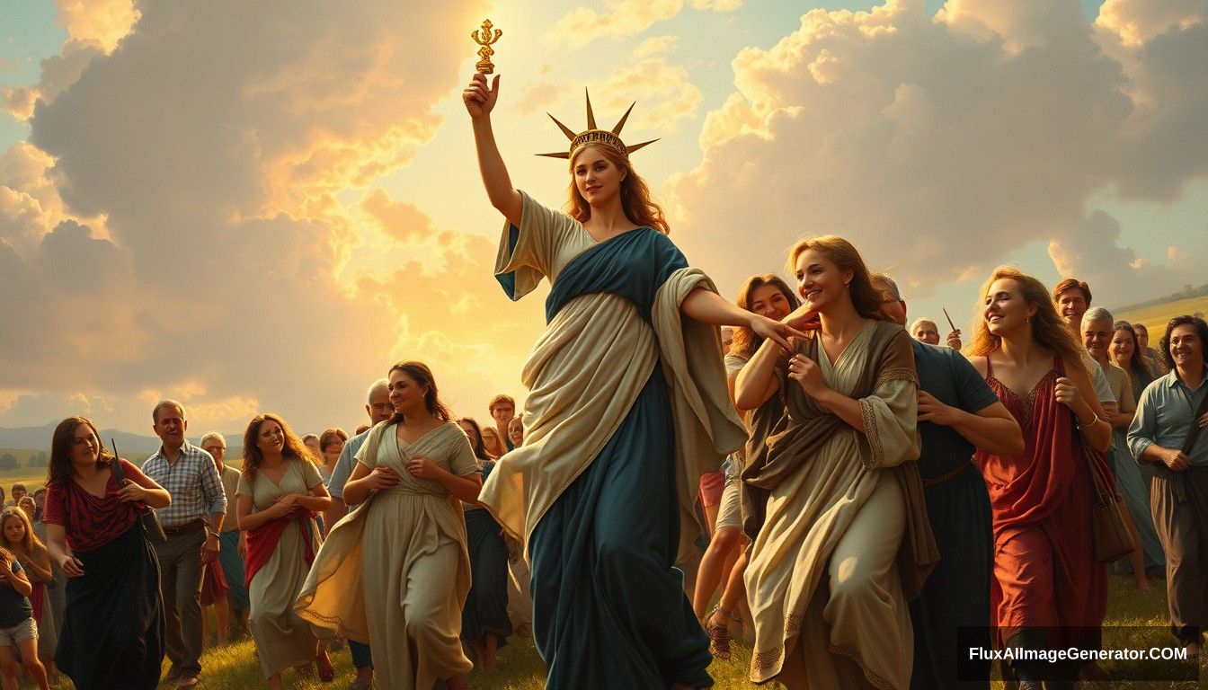 Renaissance oil painting style featuring a powerful and inspiring image depicting the concept of blockchain and decentralization. In the foreground, a goddess symbolizing blockchain and decentralization leads the people towards a bright future. reminiscent of the iconic painting 'Liberty Leading the People.' She is surrounded by families and individuals of predominantly European descent who are joyous and supportive, embracing and helping each other. The scene is vibrant and full of hope, capturing the essence of unity, progress, and decentralized, family-based agricultural production. Light shines from the front, illuminating the scene.