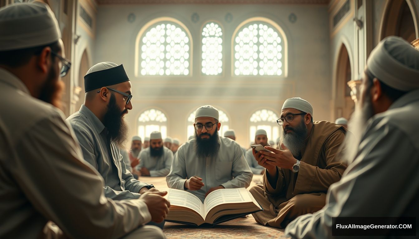 A group of Muslims earnestly discussing in a calm and scholarly environment. Ultra HD, realistic, educational, with warm and cinematic lighting.