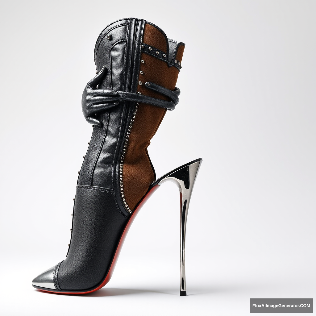 A high-fashion stiletto boot with a unique heel that represents a metallic sculpture of an entire woman's body in an artistic and sexy pose who embraces the boot body, intricate details, leather, suede parts, nails, lace.