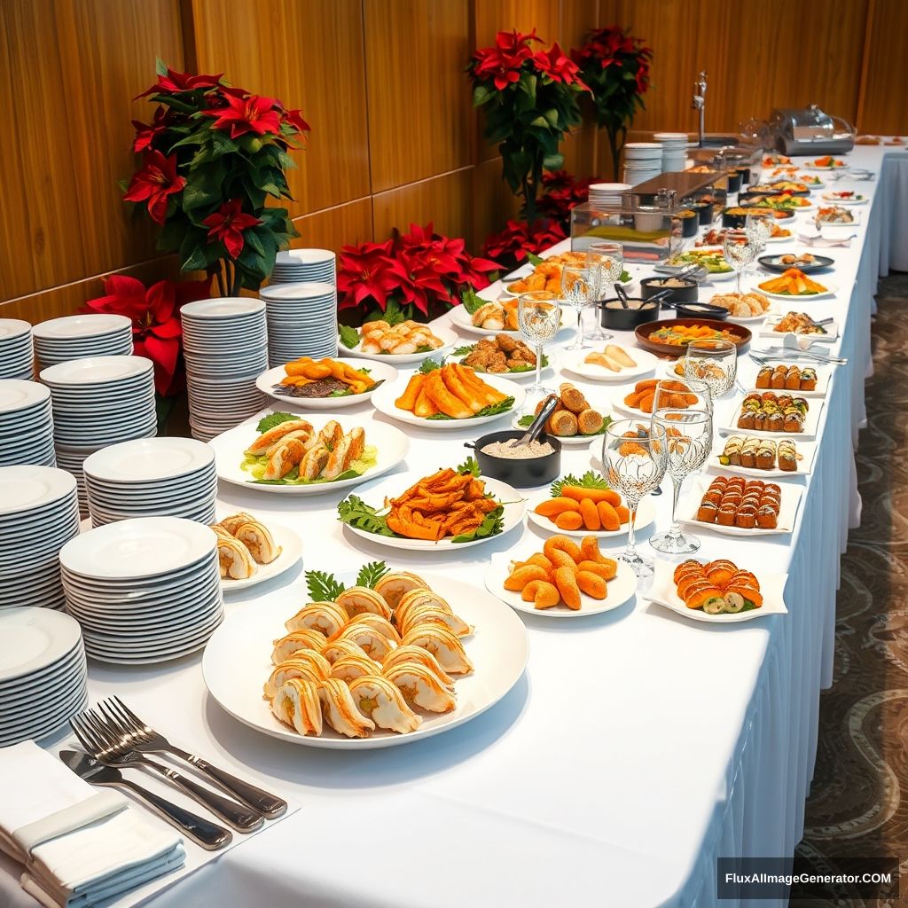 A professional photograph of a five-star buffet setup featuring a variety of elegant seafood dishes on a long table covered with a white tablecloth. The table includes luxurious plates of seafood salads, shrimp rolls, grilled fish, and assorted sushi, with high-end stainless steel utensils and crystal glassware neatly arranged. There are stacks of fine china plates and bowls on the left side, along with high-quality napkins. The background features a wooden panel wall with festive red poinsettia plants adding a touch of elegance. The image is captured with a professional camera by a journalist, ensuring sharp focus, rich colors, and perfect composition, highlighting the sophistication and organization of the premium dining experience.