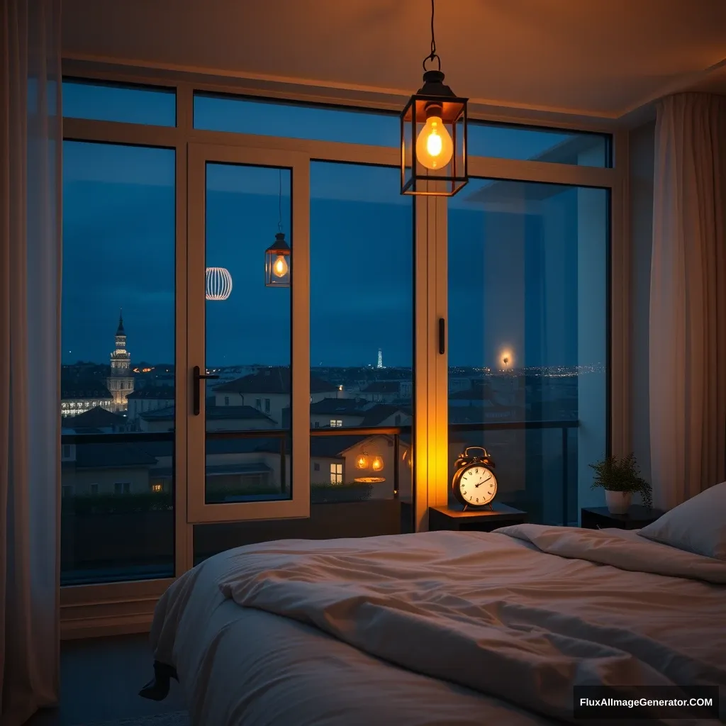 Glass window, modern bedroom apartment in France, lantern lighting, night scenery, 2:00 AM on a small clock at a small desk behind the bed, hyper-realistic, photorealistic.