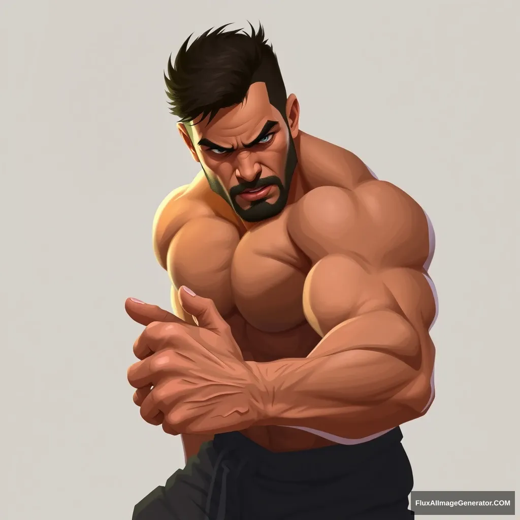 Cel shaded art, a strong man is trying to grab something, portrait, hand. - Image