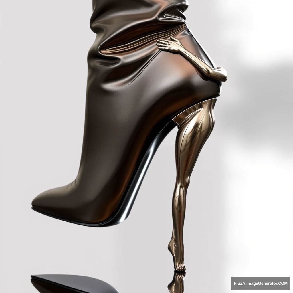 A high-fashion stiletto boot with a unique heel designed as a metallic sculpture of a woman's body in an artistic and sexy pose who embraces the boot. - Image