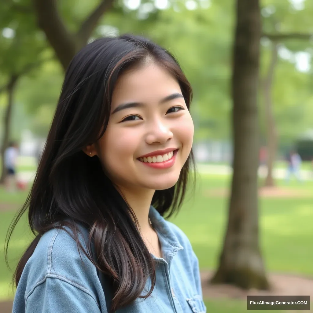 A young Asian woman, smiling, in the park.