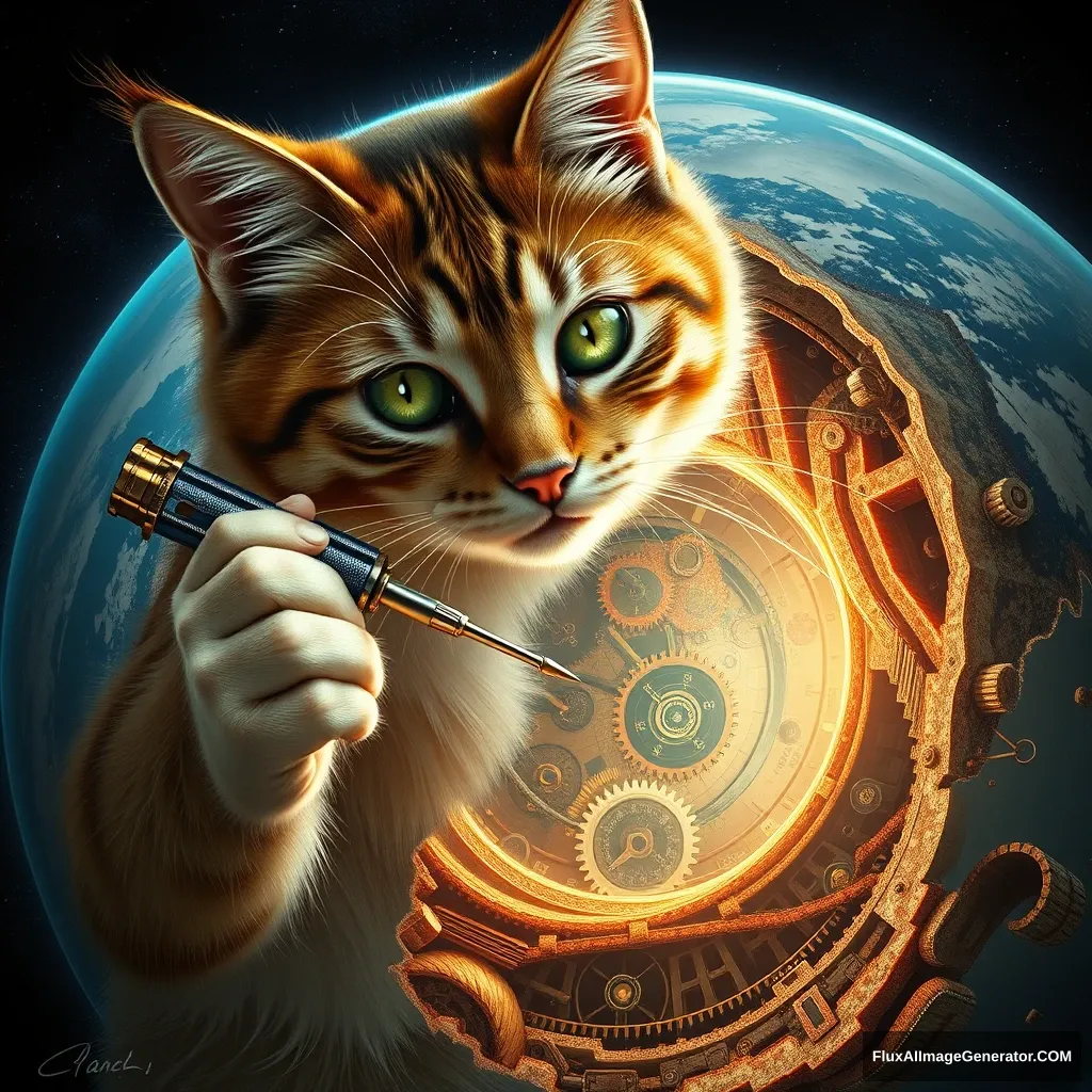 A hyper-realistic feline mechanic, fur glistening under cosmic light, delicately maneuvers a precision screwdriver into an Earth-like planet's exposed core. Intricate gears and pulsating circuits intertwine within, revealing a clockwork cosmos. The cat's determined eyes reflect the vastness of space, embodying humanity's quest to understand universal mechanisms.