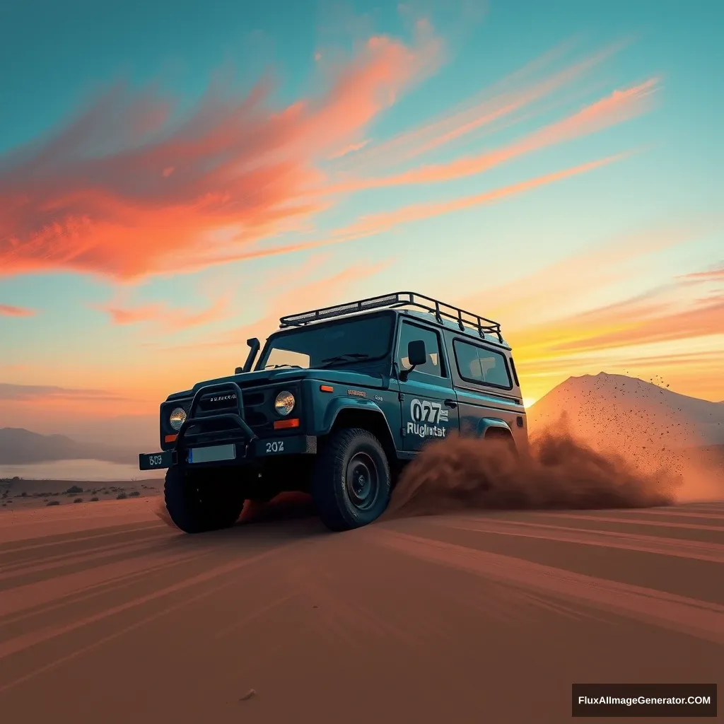 Create a wall-paint illustration of rough strokes, muted colors, a Navy-Blue "Daihatsu" Rugger 80s adventure car (accurately) crossing on sand, creating splashes of sand everywhere. Setting of Mount Bromo, East Java, Indonesia. Dust, sunset. Red blue sky. Dramatic. - Image