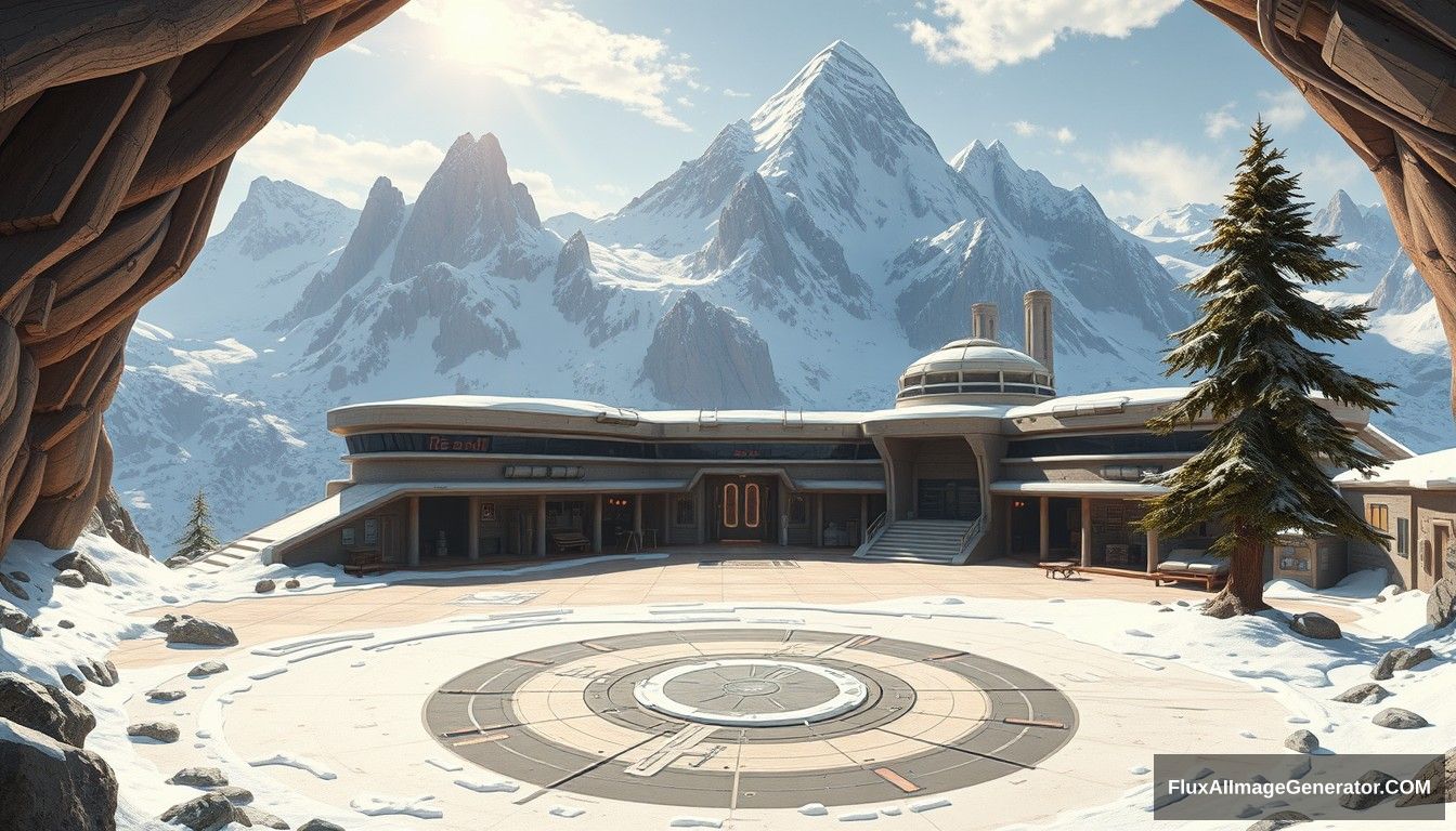 Cel-shaded art, wide shot, a sci-fi center on the top of a snowy mountain, open air, close look, cyberpunk, military base, Star Wars style, indoor, patio, morning, sunlight, fortress, mountain, rock, snow, tarmac, parking apron, cave, tree, landing field, cliff, round shape.