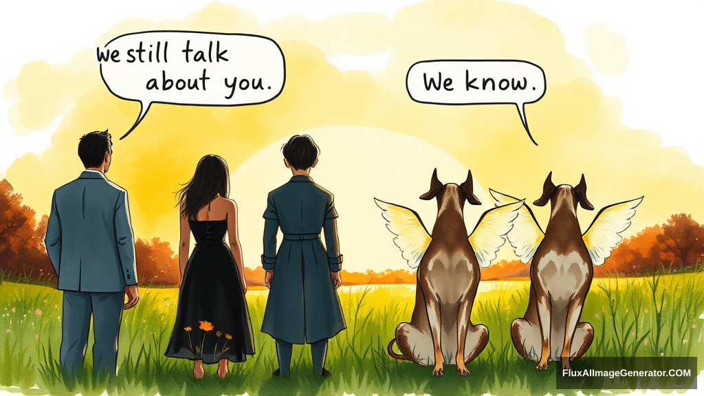 Messy, expressive watercolor illustration: 4 silhouetted figures—2 male, 2 female—stand in a lush meadow at golden hour. 3 ethereal, winged dobermans sit beside them. Facing away from the viewer. Speech bubbles float above: "We still talk about you" (human), "We know" (dog). Nostalgic atmosphere, loose brushstrokes convey wistful longing.