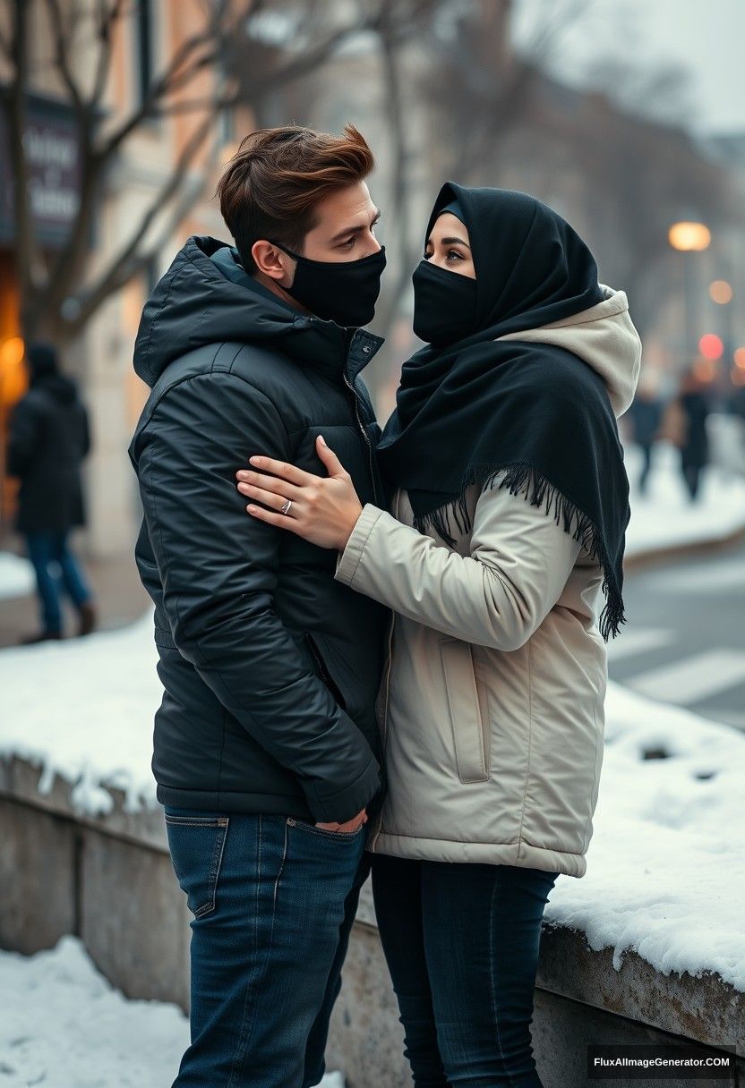 Jamie Dornan, handsome, young, black face mask, snow jacket, jeans, dating a lovely, romantic, beautiful Muslim girl wearing a black hijab, beautiful eyes, black face mask, black leather jacket, in a winter scenery, standing together near a wall in town, pinching each other's cheeks, photorealistic, street photography.