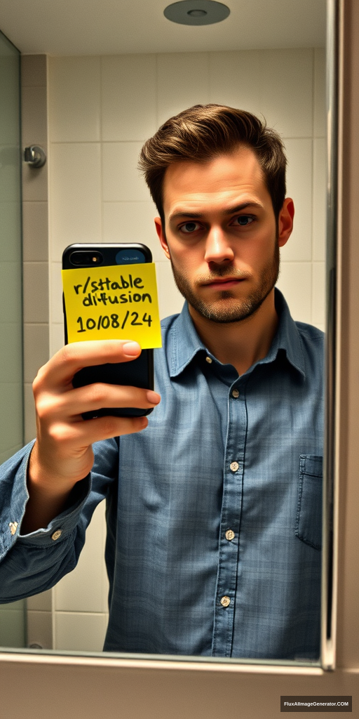 Man in a meticulously detailed bathroom, capturing a mirror selfie with the latest iPhone. He's holding a vibrant yellow post-it note displaying "r/stablediffusion" and "10/08/24". Hyper-realistic style with precise lighting, reflections, and textures. Verification-style composition, natural color palette. Subtle tension in expression, modern tech-savvy atmosphere. - Image