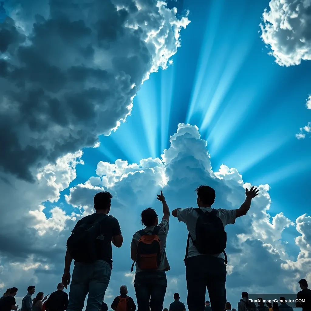 /imagine prompt: A stunning scene with a dramatic sky where beams of light burst through dense clouds, illuminating the silhouettes of people reaching towards the sky. The clouds are dynamic and voluminous, with vibrant blue sky peeking through. The light rays are sharp and radiant, creating a celestial atmosphere. The people below are seen from behind, their backs turned towards the sky, wearing casual clothing like t-shirts and jeans, some with backpacks, while others have their arms raised in awe. Their shadows add contrast and emphasize the light from above. Photorealistic details, high dynamic range, atmospheric perspective, vivid color contrasts, and dynamic lighting effects, hd quality, natural look --ar 16:9 --v 6.0 - Image