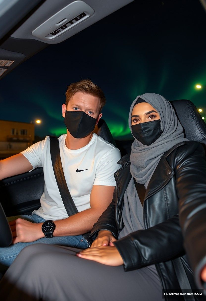 Jamie Dornan, tall, young, wearing a black face mask, a white Nike T-shirt, and jeans, is dating a beautiful Muslim girl in a grey hijab with stunning eyes, who is also wearing a black face mask and a leather jacket, and has the longest and biggest skirt, though she is not tall. They are sitting in a sports car in town, depicted in photorealistic selfie photos with a night scenery backdrop featuring the aurora borealis. - Image