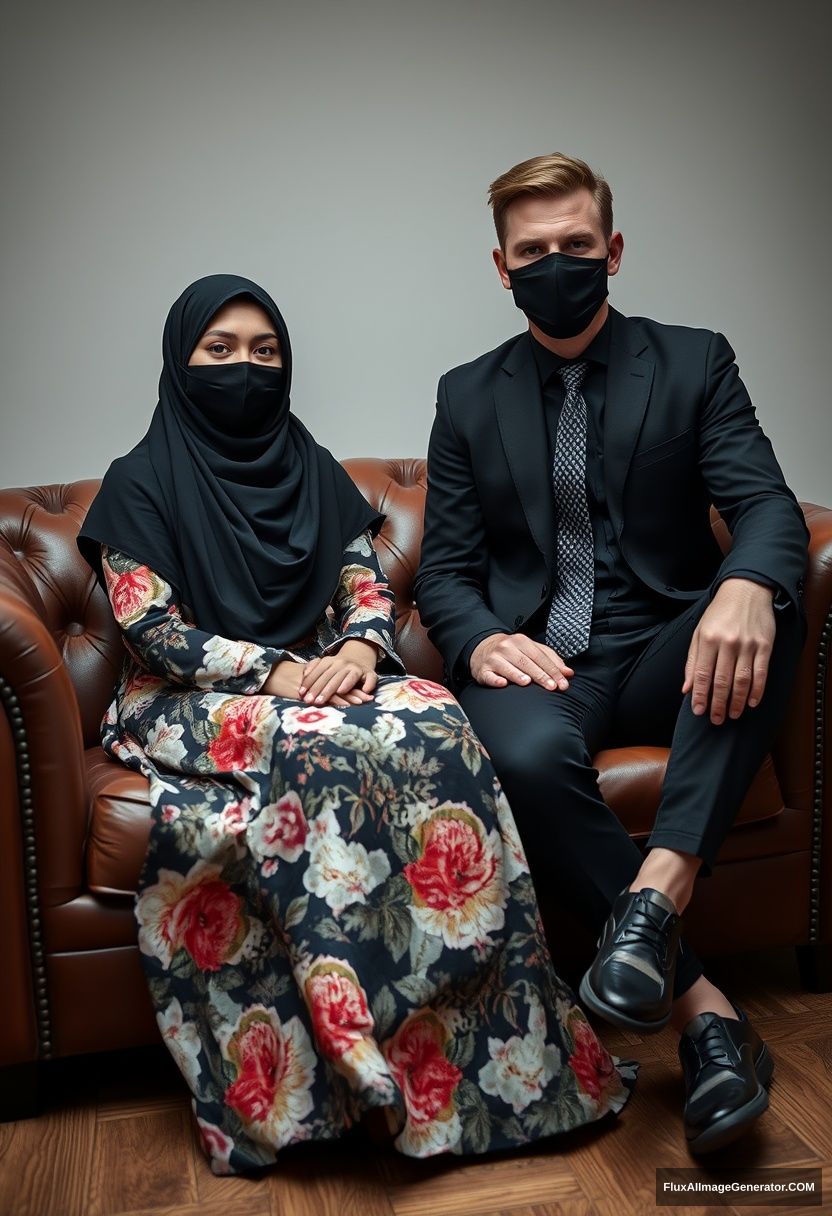 A biggest black hijab girl, slim girl, beautiful eyes, face mask black, biggest floral longest dress, sitting on leather single wing sofa, 

Jamie Dornan, youngest, black suit coat, grey pattern tie, black leather sneaker, tall man, face mask black, fit tough body, sitting near her, 

hyper realistic, studio photography. - Image