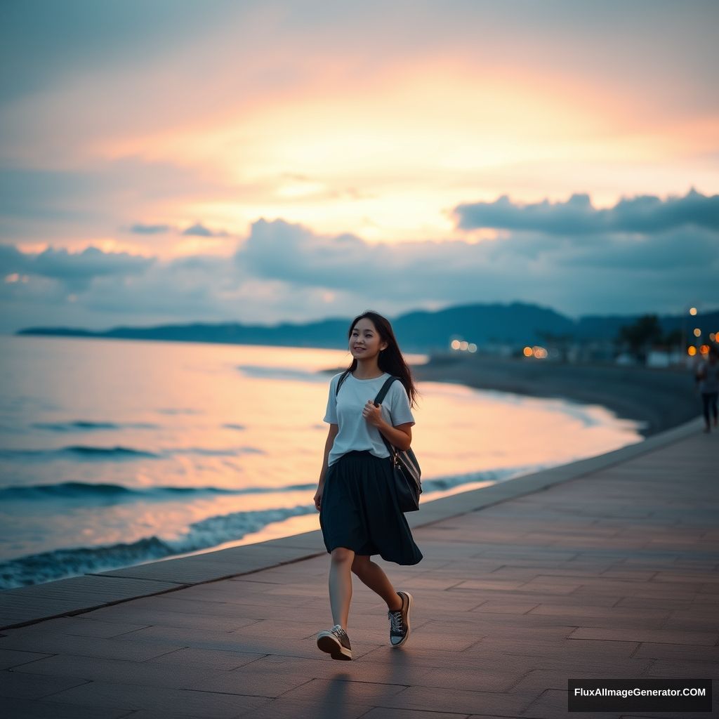 'A female student walking by the seaside, beach, dusk, Chinese, street, girl' - Image