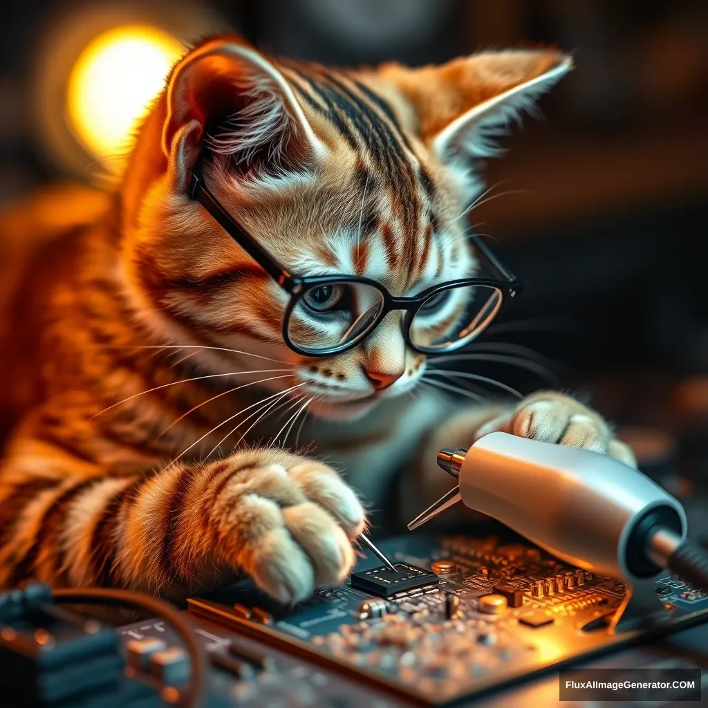 A mischievous tabby cat, wearing tiny spectacles, meticulously solders a circuit board with an iron. Warm lighting. Delicate French knots form components. Style: Hyper-realistic embroidery art, blending traditional craftsmanship with modern technology. - Image