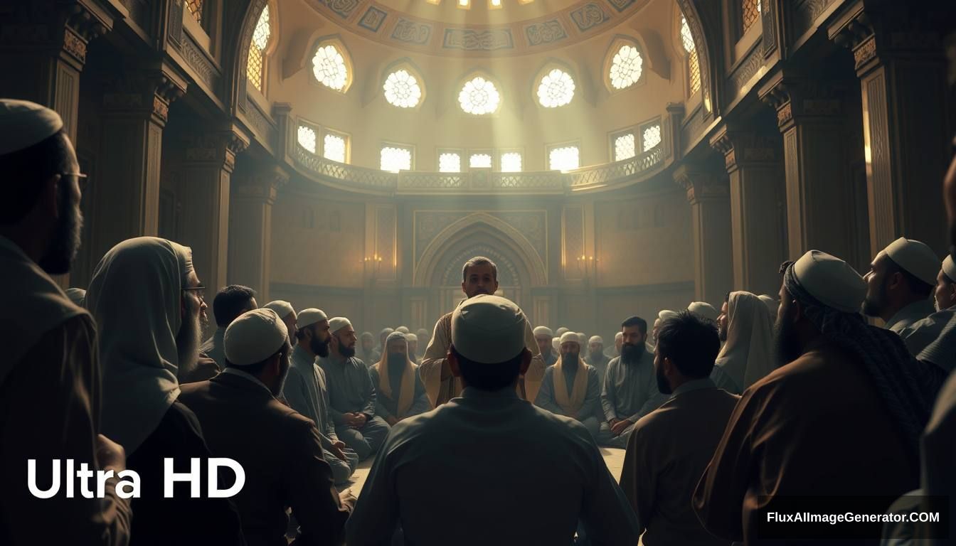 Prophet Muhammad (SAW) addressing his companions in a mosque, explaining the signs of Dajjal. The scene is filled with calm yet serious expressions, emphasizing the importance of the message. Ultra HD, realistic, respectful, with soft and cinematic lighting.