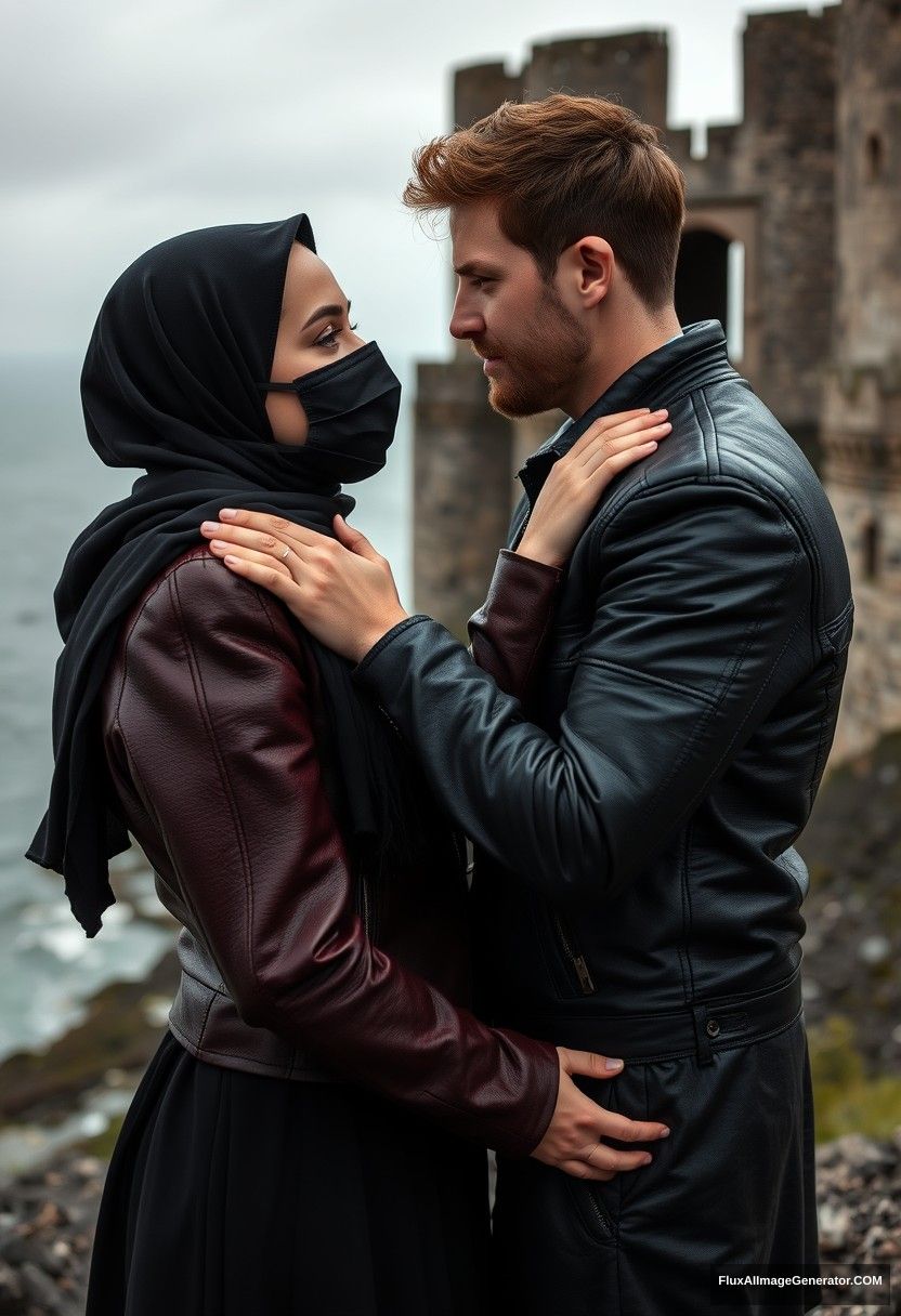 Jamie Dornan's head and body shot, handsome, youngest, black face mask, black leather jacket, dating, love hug with the biggest black hijab Muslim girl, not tall, beautiful eyes, face mask, maroon leather jacket, biggest black skirt, hyper-realistic, studio photography, full body photo, exploring at an abandoned castle, at sea, gloomy scenery. - Image