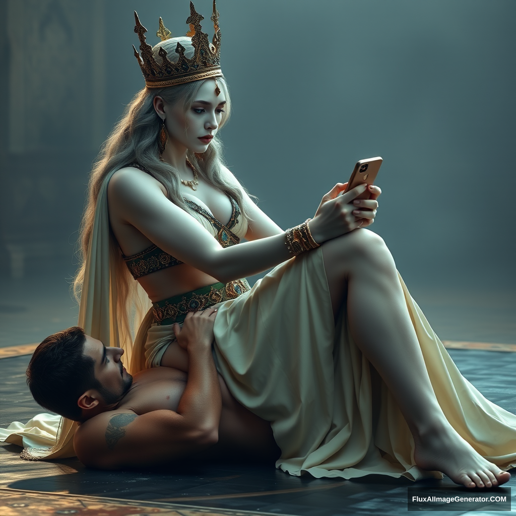 (A very beautiful and gorgeous ancient Queen of wrestling is pinning a man, sitting on his body and watching a mobile phone. She looks extremely beautiful and gorgeous, with pale white skin, wearing very long royal clothes.)