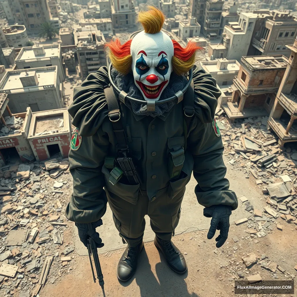 A very tragic gigantic desperate clown in an IDF uniform standing in the middle of a city in ruins. Bird's eye perspective from some distance. Hyperreal.