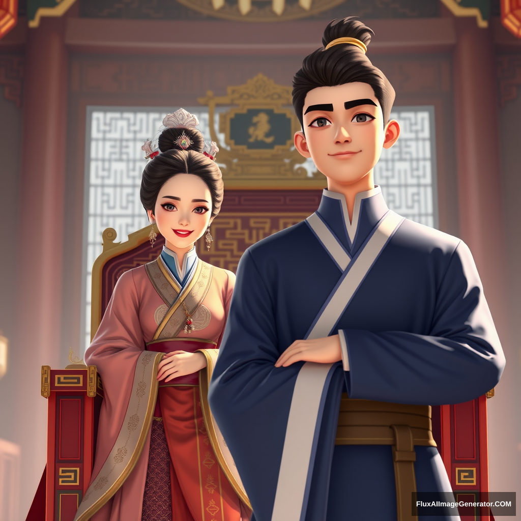 A middle-aged woman, a young man, the woman sits on the throne, the man stands in front of the throne, the woman smiles, the man looks haughty, during the day, in the grand hall of the palace, Chinese ancient style, Chinese ancient style, hyper realistic, 3D anime style.