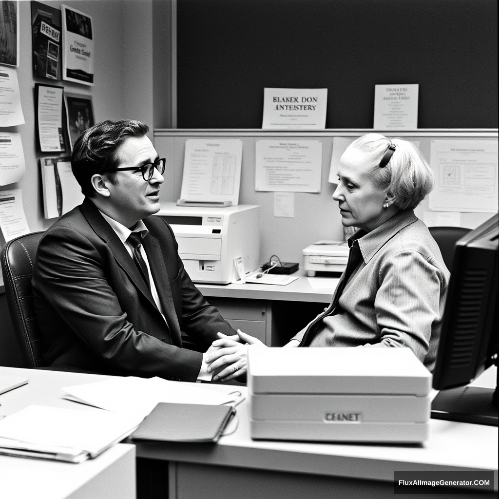 black and white picture  
They're chatting at work.  
a chair under a desk  
wearing his glasses  
copy machine  