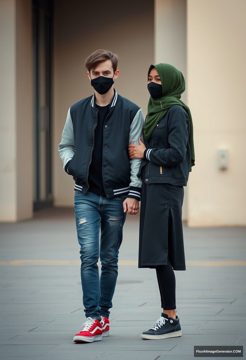 Jamie Dornan, young, black face mask, capital A collage jacket, jeans, red sneakers, dating romantically with the biggest hijab-wearing army green Muslim girl, beautiful eyes, black face mask, college jacket, the biggest longest skirt, ted high sneakers, not a tall girl, photorealistic realistic, street photography, full photography.