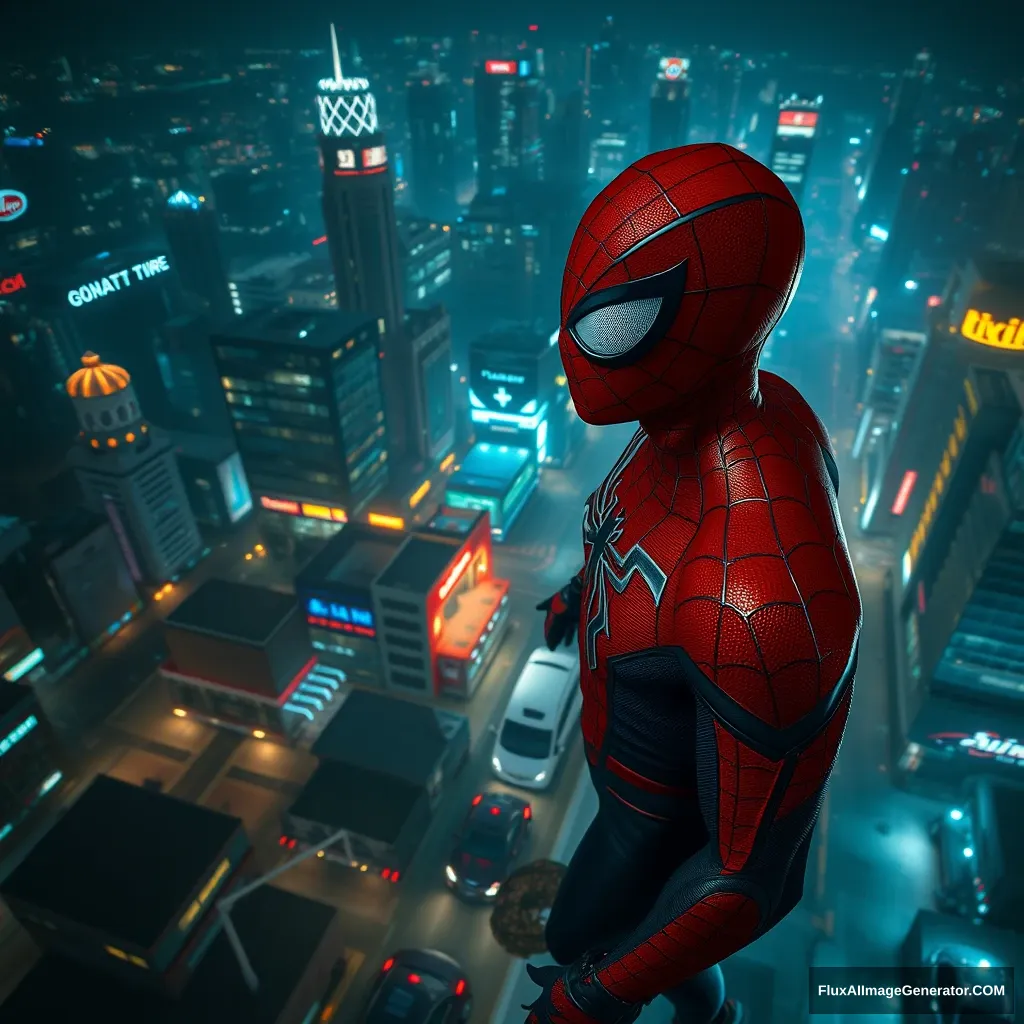 spiderman, night scene, cyberpunk, city, height, aerial view, cars below, streets, cinematic lighting, full body shot, hyperrealistic, quality - Image