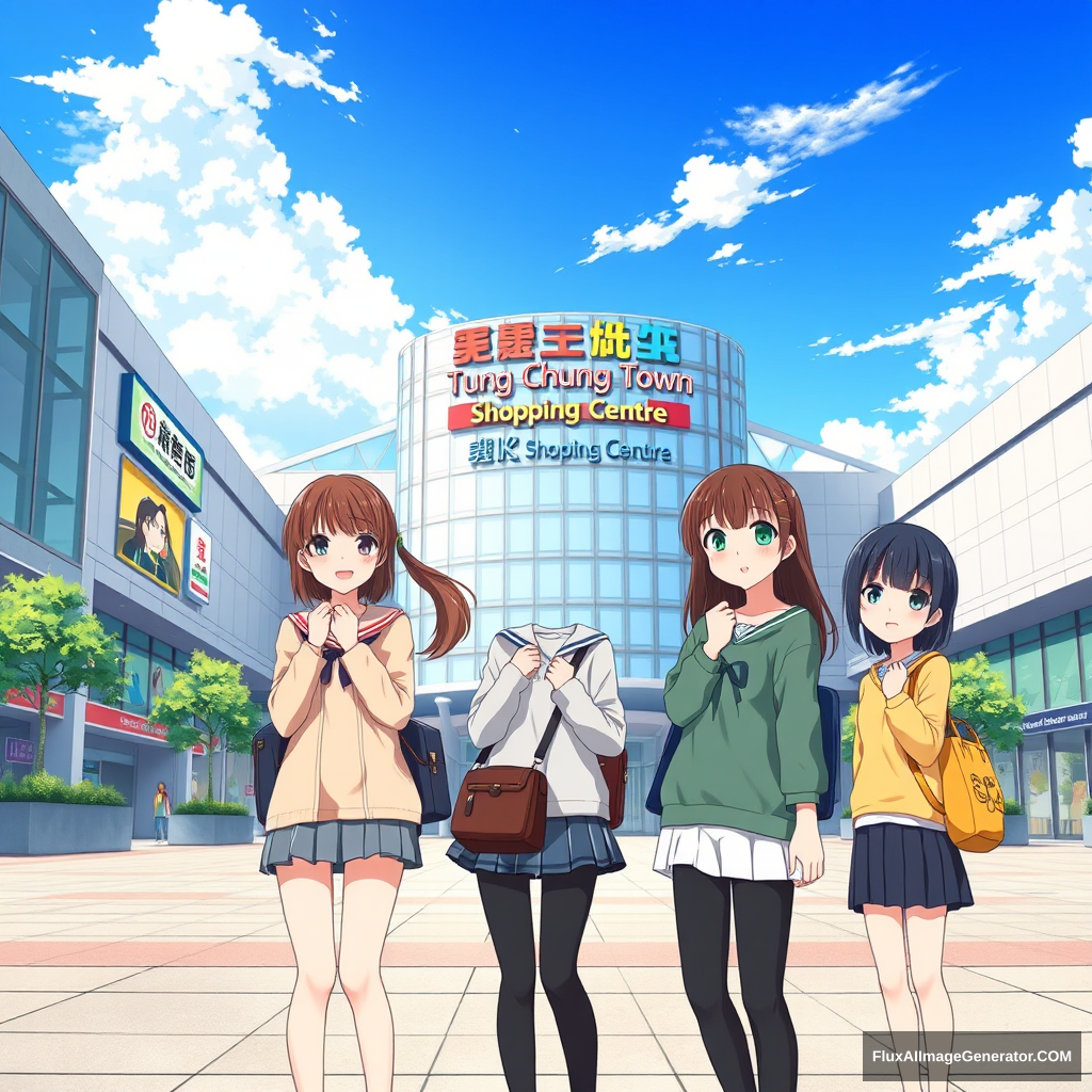 Anime illustration depicting four teenage girls standing in an outdoor plaza, delightfully looking at the viewer and posing. Behind them is the building of a modern shopping mall with a colorful signboard that reads "Tung Chung Town Shopping Centre," indicating the name of the shopping mall. The weather is very nice and comfortable, with a beautiful blue sky, white clouds, and sunlight. 4k, ultra-detailed background.