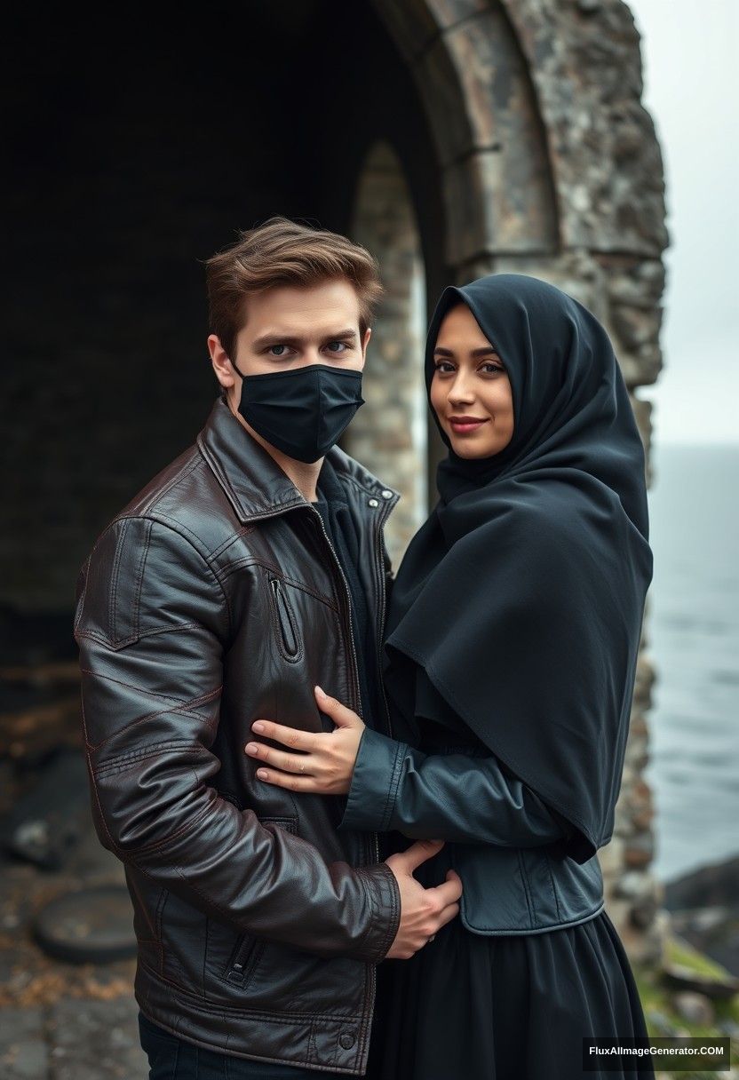 Jamie Dornan's head and body shot, handsome, youngest, face mask black, black leather jacket, dating, love hug with the biggest black hijab Muslim girl, not tall, beautiful eyes, face mask, maroon leather jacket, biggest black skirt, hyper realistic, studio photography, full body photo, explore at abandoned castle, at sea, gloomy scenery.