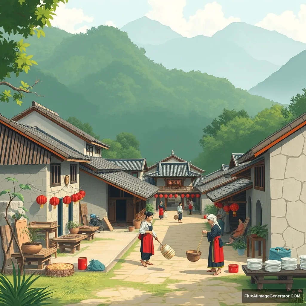 "Illustration style presenting a village in Taiwan, where villagers are busy preparing for the annual cultural festival." - Image