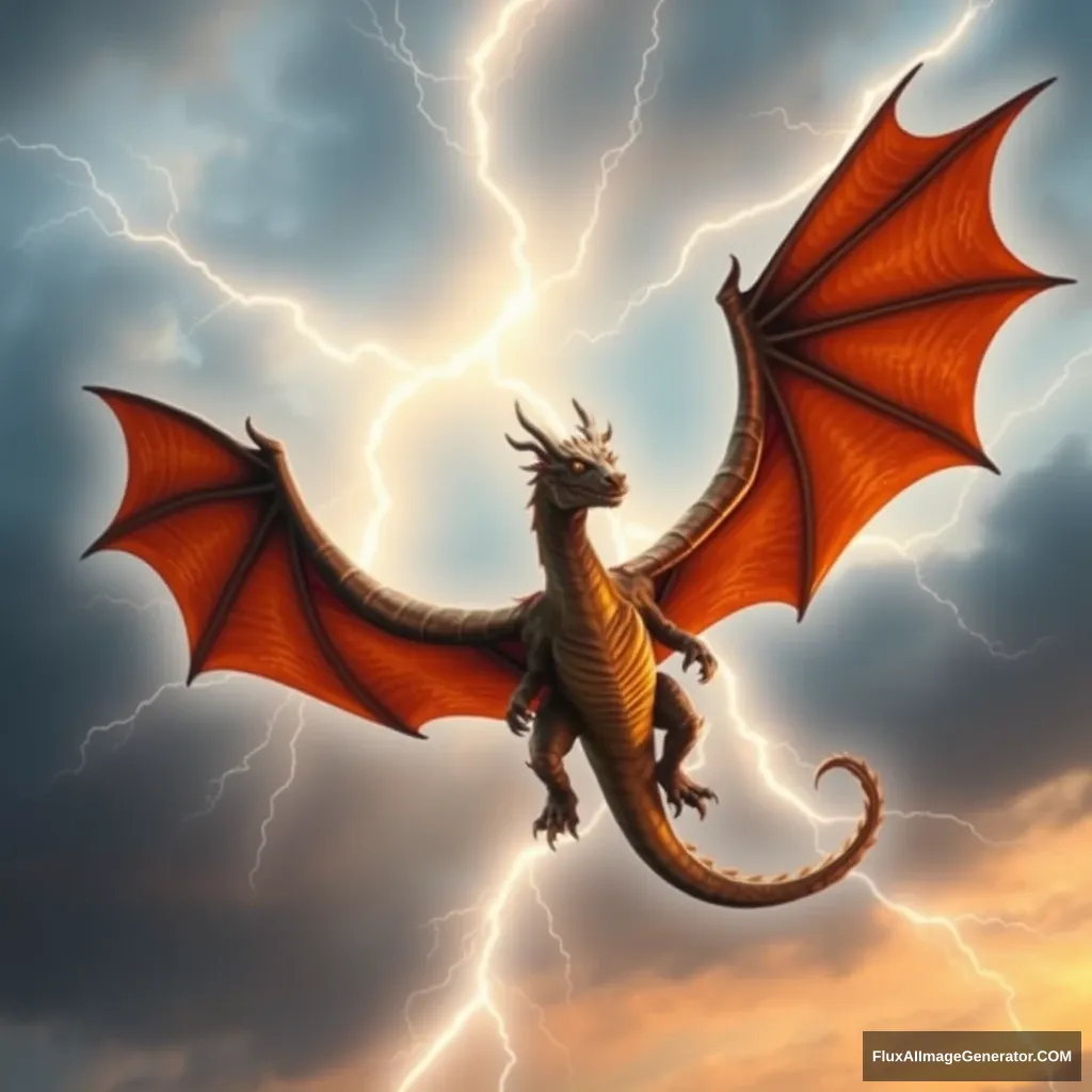 Generate a square image of a dragon soaring in the sky with lightning surrounding it.