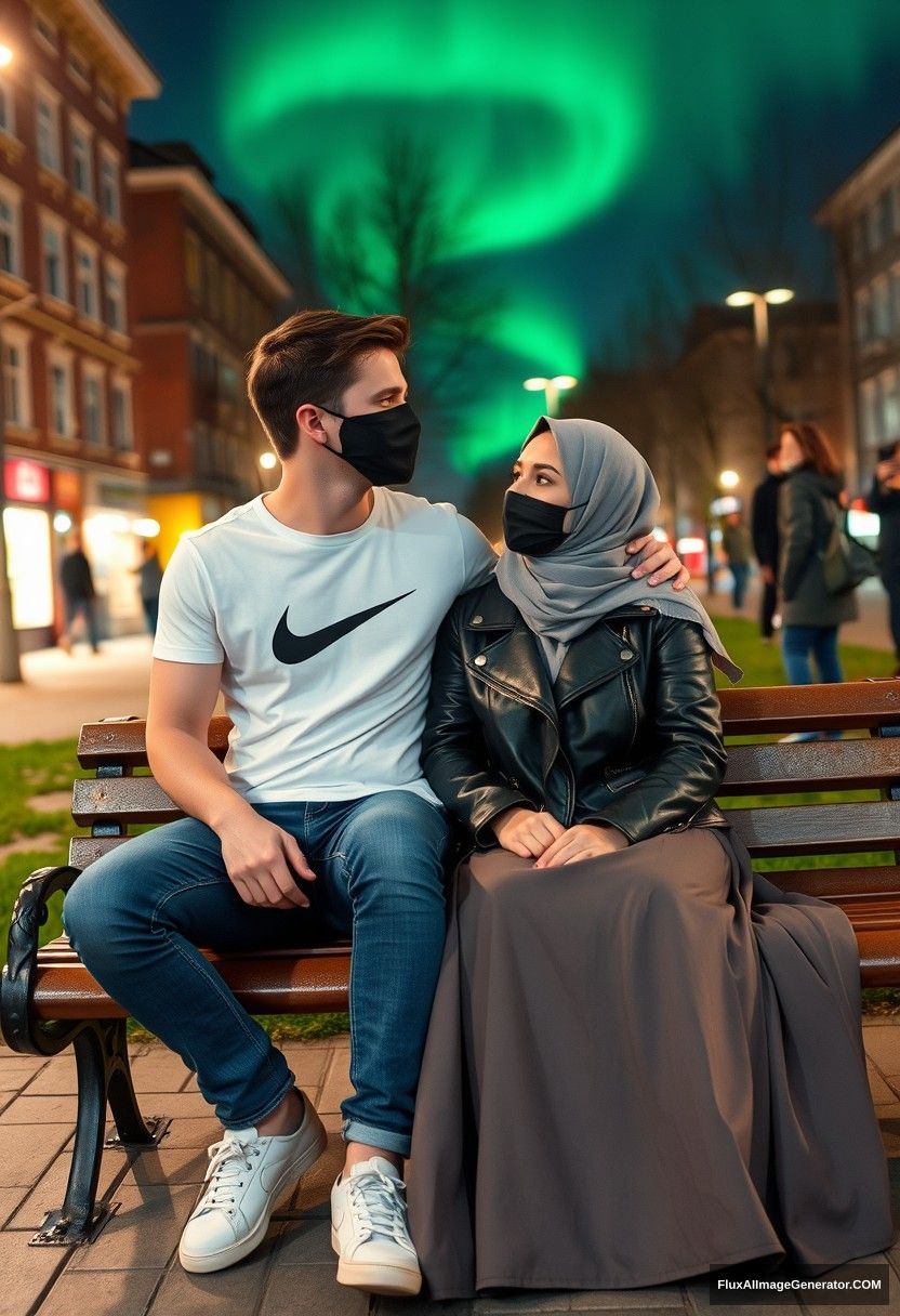 Jamie Dornan, tall, young, wearing a black face mask, a white Nike T-shirt, and jeans, is dating a beautiful Muslim girl in a grey hijab, with striking eyes, also wearing a black face mask and a leather jacket, along with a very long and wide skirt; she is not tall. They are sitting romantically on a park bench together, looking at each other lovingly, in town with strangers in the background. The scene is photorealistic, resembling street photography and selfie photos, with nighttime scenery and the aurora borealis.