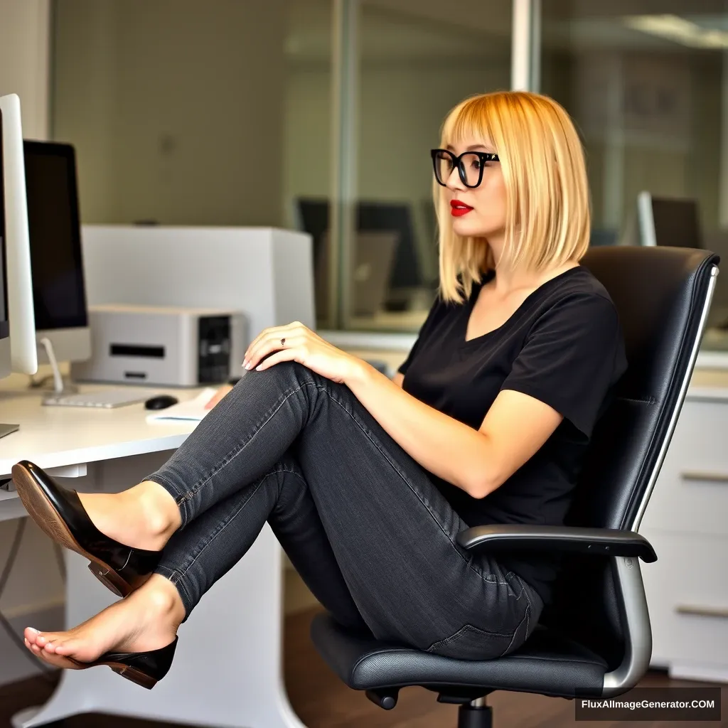 A woman in her 30s with a blonde bob haircut, wearing black-rimmed glasses and red lipstick, is sitting at her desk in an office, working on her computer. She is dressed in skinny dark grey jeans, a black t-shirt, and black leather flats. Her legs are crossed, with one shoe hanging off the foot of her crossed leg, revealing her bare foot. Her other foot is on the floor. - Image