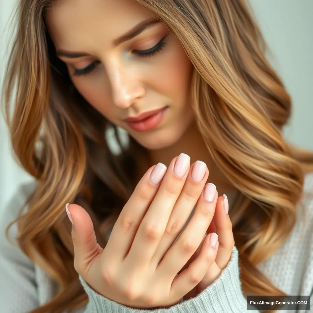 A beautiful woman is looking at her nails, which are trimmed very short and clean.