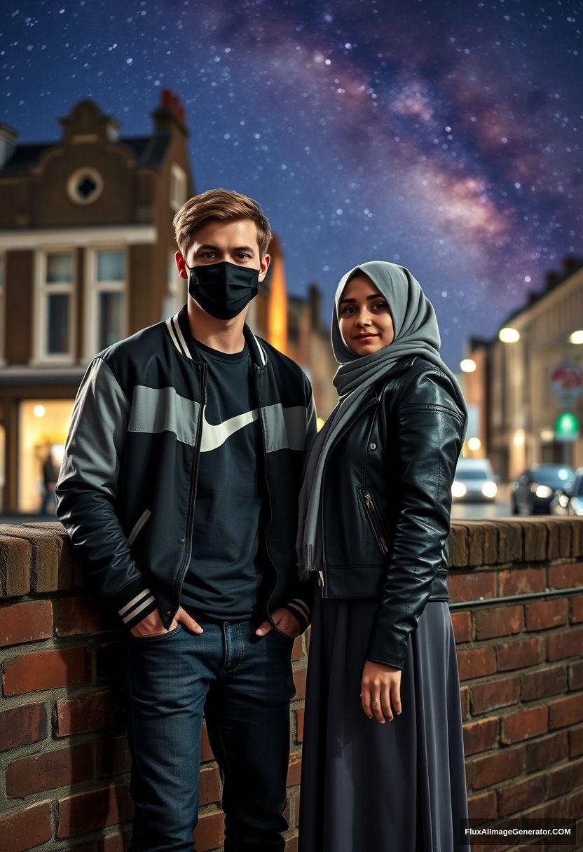 Jamie Dornan, youngest, black face mask, collage jacket, Nike t-shirt, jeans, tall man, fit body,

Dating, love with the biggest grey hijab Muslim girl, beautiful eyes, black face mask, leather jacket, biggest longest skirt, slim short girl,

standing at a brick wall, in town, night scenery, Milky Way, hyper-realistic, photorealistic, street photography.