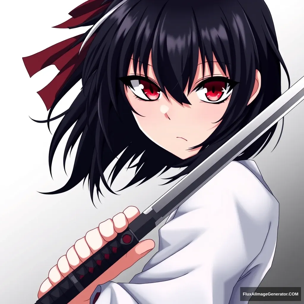 VERY BEAUTIFUL ANIME GIRL WITH PERFECT EYES. Anime style is important. Seinen style anime. Should look like an assassin with a gradient background. Holding one sharp sword. Black hair, red eyes. And should be a full body drawing. Should include legs. Hold sword straight on.