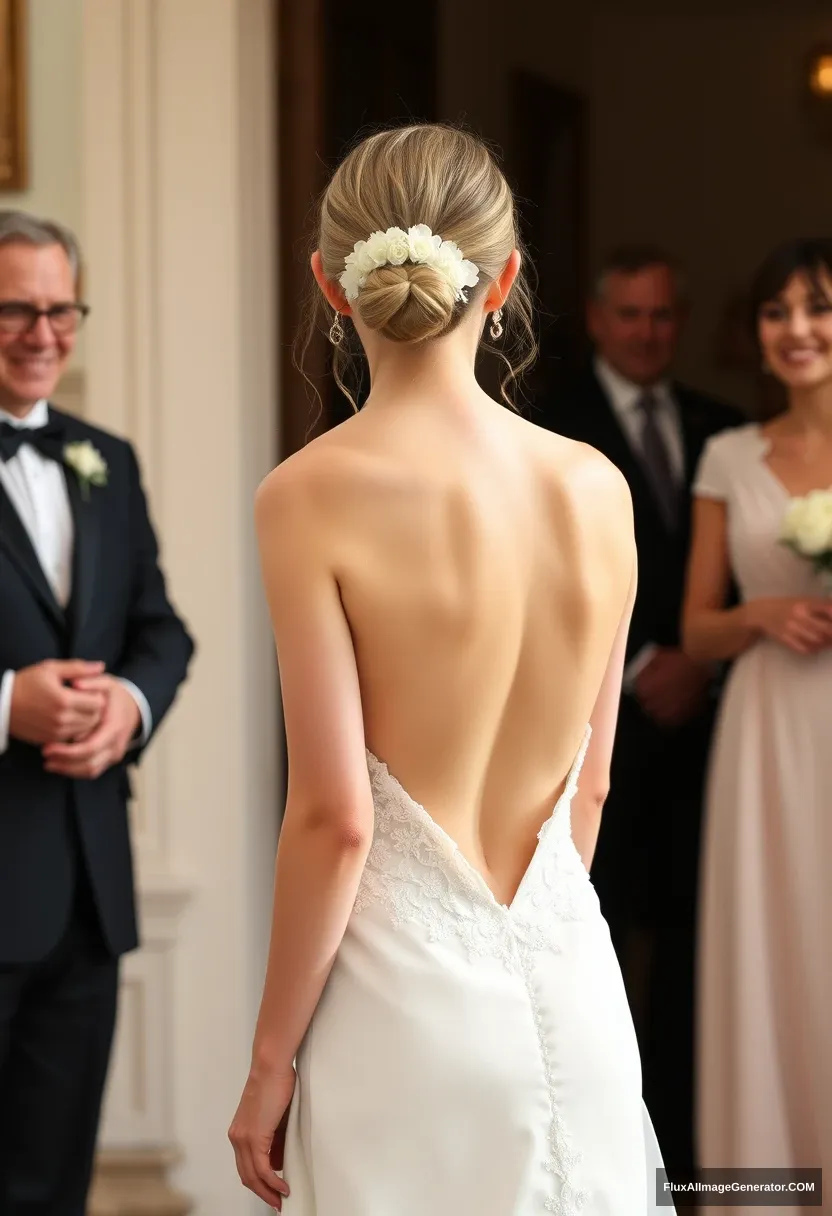 a petite young woman, sensitive, delicate, girly, backless strapless side-less low-waisted V open cut line contouring wedding dress. Fawning obediently mingling with fathers. Expectations. Perfect posture. Pale skin.