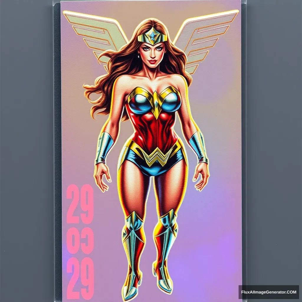 big chested wonder woman character in the year 2099. full body image from head to toe. in a metallic holographic trading card print. with extra holographic 3D look. - Image