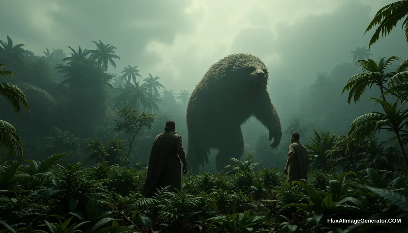 **Prompt Image Generator:**
"An eerie, desolate island with dense foliage. Tamim and his companions encountering Al-Jassasah, a mysterious, large, furry creature with indistinguishable front and back, amidst the jungle. Ultra HD, realistic, fantasy-like, with atmospheric and cinematic lighting." - Image