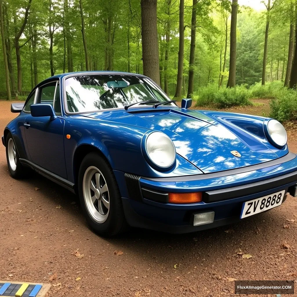 Porsche 911 SC coupe 1977 in dark petrol blue with silver cookie cutter wheels. The car has no spoiler. Registration plate is ZV 8888. The car is parked in a forest. - Image