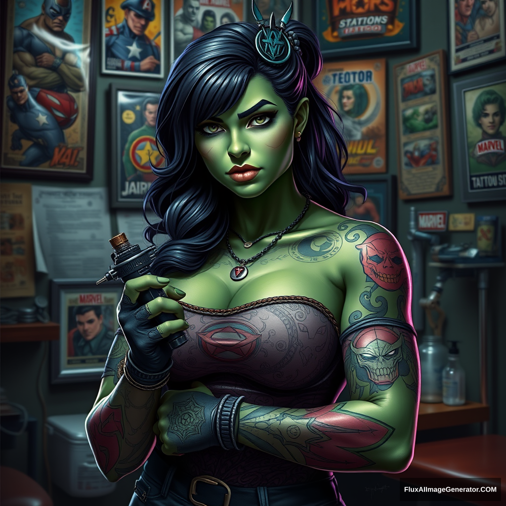 She-Hulk in tattoo artist attire, inked with detailed Marvel hero motifs, grips a tattoo machine, standing before a backdrop of authentic tattoo studio walls adorned with vibrant artwork, flash sheets, and tattoo machine racks, soft ambient light casting a subtle glow over the scene, digital painting, ultra realistic, dramatic lighting. - Image