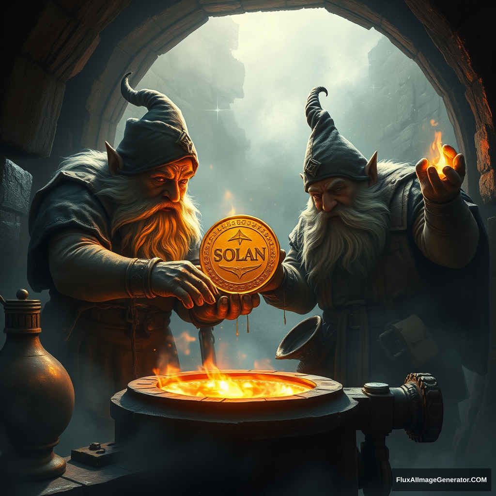 (((Two Tolkien-styled dwarfs are forging a glowing Solana coin in a fantasy blacksmith!))) detailed fantasy background, hyperdetailed; by Kim Keever, Antoine Collignon, Wadim Kashin, Tim Burton, Peter Mohrbacher, realism; incredible composition; dynamic lighting; meticulously composed concept art, fascinating stars, masterpiece, mystic fog, digital illustration, reflections, cell-shaded, volumetric lighting enchanted, picturesque, mighty, glorious, detailed, grand, mysterious, wondrous, misty, dark, colorful, complex. - Image