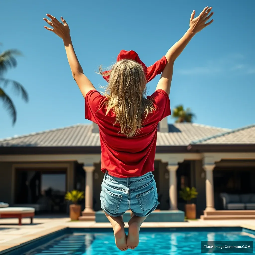 Back view of a young blonde skinny woman who is in her early twenties is in her massive backyard wearing a massively oversized red polo t-shirt which is a bit off balance on one of the shoulders and the bottom part of her t-shirt is tucked in on all sides and she is also wearing M-sized light blue denim shorts and she is wearing no shoes or socks; she dives into her massive luxurious pool with her arms raised above her head and she is upside down.